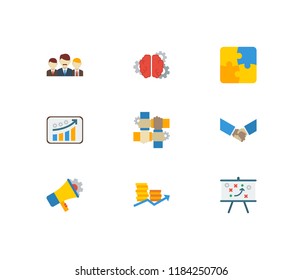 Technology partnership icons set. Technical strategy and technology partnership icons with finance, teamwork and growth. Set of corporate for web app logo UI design.