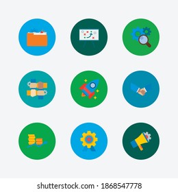 Technology partnership icons set. Technical strategy and technology partnership icons with marketing, achievement and technical project. Set of mechanical for web app logo UI design.