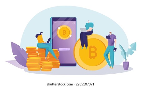 Sistema de banco financiero de bitcoin de pago de tecnología criptodivisa, aplicación de smartphone en línea ilustración vectorial plana, aislado en blanco.