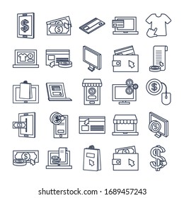 conjunto de iconos en línea de tecnología y pagos sobre fondo blanco, estilo de línea, ilustración vectorial