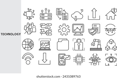 Technology, People's use of technology in various forms for economic benefit. ,Set of line icons for business ,Outline symbol collection.,Vector illustration. Editable stroke