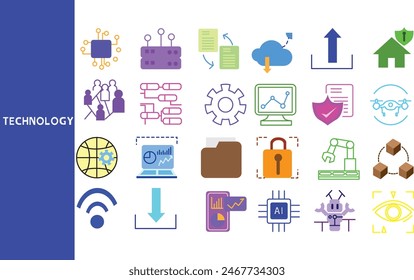 Technology, People's use of technology in various forms for economic benefit. ,Set of icons for business ,Outline symbol collection.,Vector illustration.