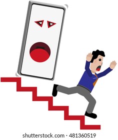 Technology persecuted man running downstairs.