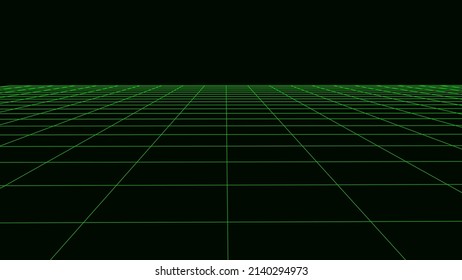 Technology perspective grid background. Digital space wireframe landscape. Vector green mesh on a black background. 3d rendering.