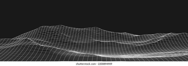Technology perspective grid with mountain landscape background. Vector digital space wireframe landscape. Gray mesh on a black background