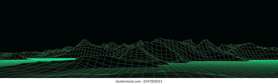 Technologie-Perspektivraster mit Berglandschaft-Hintergrund. Digitale Weltraum-Drahtmodell-Landschaft. Grünes Netz auf schwarzem Hintergrund