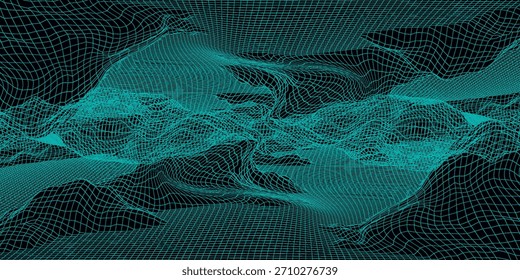 Technology perspective grid with mountain landscape background. Vector digital space wireframe landscape. Blue mesh on a black background