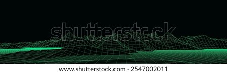 Technology perspective grid with mountain landscape background. Vector digital space wireframe landscape. Green mesh on a black background