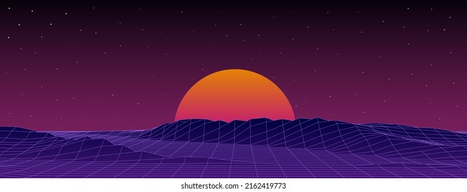 Technology perspective grid with mountain retro landscape background. Futuristic cyber surface 80s - 90s styled. Vector blue mesh on a colorful background with the bright sun.