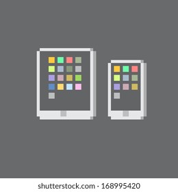 Technology phone and tablet, Cross platform pixel art icons set. Mobile phone, smartphone. Electronic devices. Design for mobile app, logo, web, sticker. Isolated vector illustration. 8-bit 