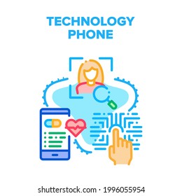 Concepto de icono del vector del teléfono tecnológico. Huellas Digitales E Identificadores De Cara Para Información De Telefonía Celular Y Protección Desbloqueada, Aplicación De Monitoreo De Salud Humana, Ilustración De Color Del Teléfono Tecnológico