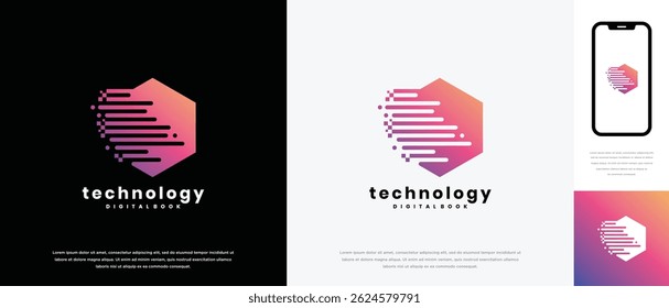 Design do logotipo do hexágono de pixel da tecnologia. Modelo de logotipo de pixel de tecnologia. Ícone de símbolo de logotipo de tecnologia