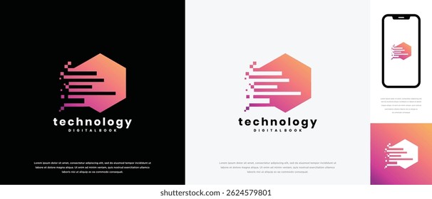 Design do logotipo do hexágono de pixel da tecnologia. Modelo de logotipo de pixel de tecnologia. Ícone de símbolo de logotipo de tecnologia