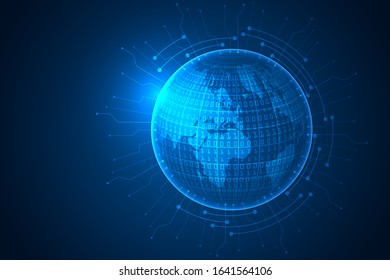 Technology planet abstract. digital lines and dots technological world background.