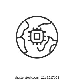 Technology and the planet, linear icon. Microchip and planet. Line with editable stroke