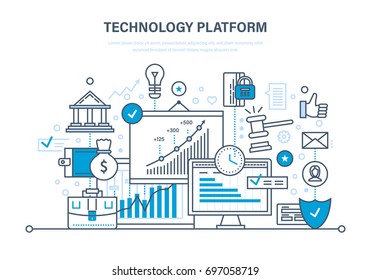 Technology Platform. Cloud Storage And Network. Business, Financial And Innovative Technological Platform. Trading, Auctions. Illustration Thin Line Design Of Vector Doodles, Infographics Elements.