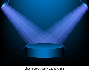 Technology podium with spotlight. Empty blue podium with lighting of spotlights. Blue digital scene for product presentation. Blue neon lamp pedestal in dark background. Vector illustration.