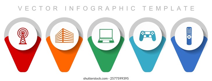 Technology pointer collection, miscellaneous icons such as antenna, office building, laptop, gamepad, tv remote, flat design vector infographic template in eps 10