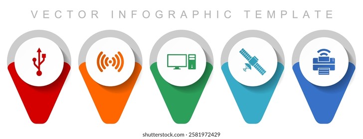 Technology pointer collection, miscellaneous icons such as usb, wifi, computer, satellite and printer, flat design vector infographic template in eps 10