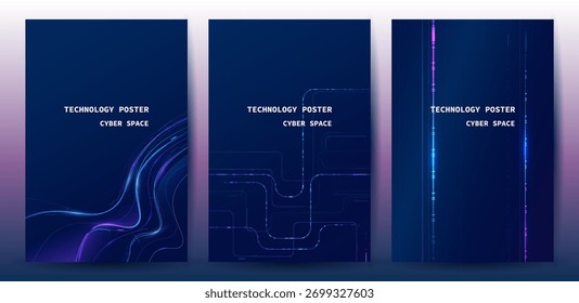 Conjunto de póster de Tecnología con líneas Abstractas digitales y azul y púrpura cibernético