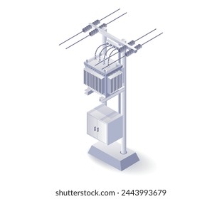 Technology power line pole with transformer flat isometric illustration