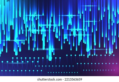 Technology power rain galaxy background with meteor shower. Shooting stars. Sci-fi galaxy. Abstract vertical line beams fiber optics. Geometric neon blue light particles. Technology lines movement.