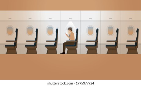 Technology problem smartphone addiction concept. Employee salaryman enjoys using social network application and ignores surrounding. Alone in a plane cabin empty seat with the orange morning sunrise.