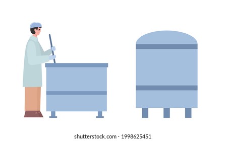 Proceso tecnológico de producción de queso a partir de leche en productos lácteos de fábrica. Trabajador uniformado agita la masa de queso en un tanque grande. Ilustración aislada vectorial plana.