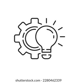 technology process with thin line bulb and gear. linear trend modern graphic stroke design cogwheel logotype web element isolated on white. concept of power management badge or development vision sign