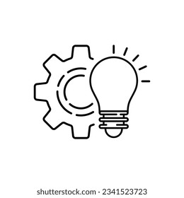 technology process with thin line bulb and gear. linear trend modern graphic stroke design cogwheel logotype web element isolated on white. concept of power management badge or development vision sign