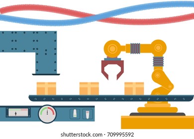 The technology of production. the hand of the robot. conveyor. Hood, boxes, tools, appliances. White background.