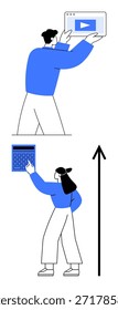 Tecnología, productividad, medios digitales, trabajo en equipo, soluciones en línea, comunicación. Un hombre sostiene una tableta con un icono de juego y una mujer accede a un teclado numérico. Concepto de Tecnología y productividad