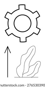 Technology, progress, growth, mechanics, nature, minimalism. A gear, upward-pointing arrow and abstract plant motif. Technology and progress concept through gear and arrow design
