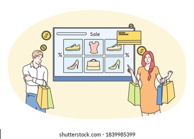 Technology, promotion, marketing, shopping, sale concept. Young couple man and woman customers buyers choosing garment clothes making payment online. Web catalogue and digital purchase illustration.