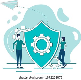 Technology protection.People hold a shield in their hands as a symbol of protection.The concept of security in the field of technology.Flat vector illustration.