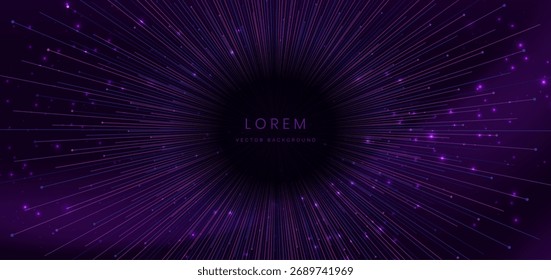 As linhas de velocidade roxo e rosa da tecnologia giram com efeito de iluminação cintilante no fundo roxo escuro. Movimento de alta velocidade e conceito futurista. Ilustração vetorial