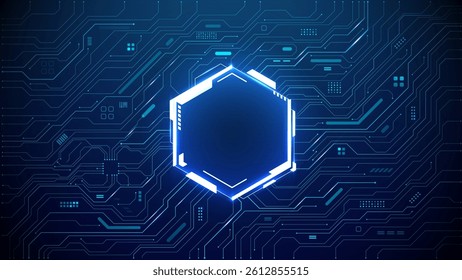 Technology quantum blue AI portal on circuit motherboard with thin line glowing wires. Tech background. Chip concept. Abstract light neon hexagon frame HUD. Computer digital bg. Vector illustration