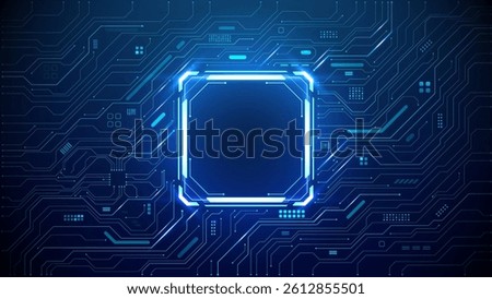 Technology quantum blue portal on circuit motherboard with thin line glowing wires. Tech background. Ai chip concept. Abstract light neon square frame HUD. Computer digital bg. Vector illustration