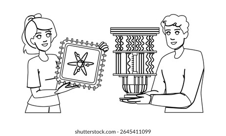 technology quantum computing research vector. digital data, future futuristic, science cyber technology quantum computing research character. people black line pencil drawing illustration