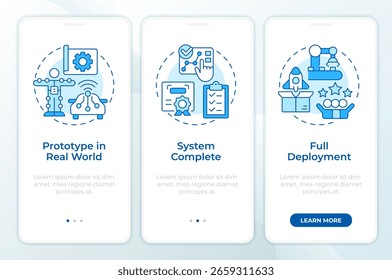 Tela azul do aplicativo móvel onboarding de níveis de prontidão tecnológica. Implantação. Passo a passo 3 passos instruções gráficas editáveis com conceitos lineares. IU, UX, GUI