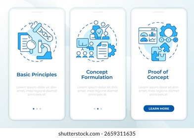 Tela azul do aplicativo móvel onboarding de níveis de prontidão tecnológica. Gestão. Passo a passo 3 passos instruções gráficas editáveis com conceitos lineares. IU, UX, GUI