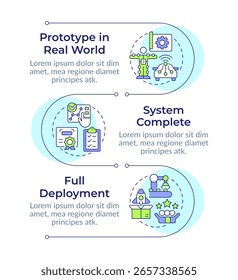 Niveles de preparación de la Tecnología Infografía de secuencia de Vertical. Etapa de despliegue de la organización. Infografía de visualización con 3 pasos. Círculos en el flujo de trabajo