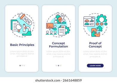 Technology readiness levels onboarding mobile app screen. Management. Walkthrough 3 steps editable graphic instructions with linear concepts. UI, UX, GUI
