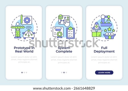Technology readiness levels onboarding mobile app screen. Deployment stage. Walkthrough 3 steps editable graphic instructions with linear concepts. UI, UX, GUI