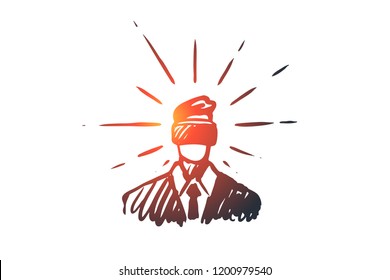 Technology, reality, glasses, game, virtual concept. Hand drawn man in virtual glasses concept sketch. Isolated vector illustration.