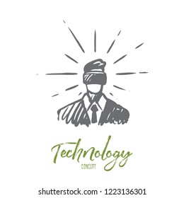Technology, reality, glasses, game, virtual concept. Hand drawn man in virtual glasses concept sketch. Isolated vector illustration.