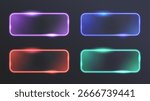 Technology rectangle frame. Futuristic glowing glass border collection, abstract game shiny label design, neon light glassmorphism effect. Vector LED sign isolated set.