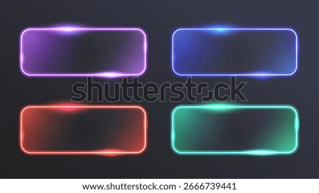 Technology rectangle frame. Futuristic glowing glass border collection, abstract game shiny label design, neon light glassmorphism effect. Vector LED sign isolated set.