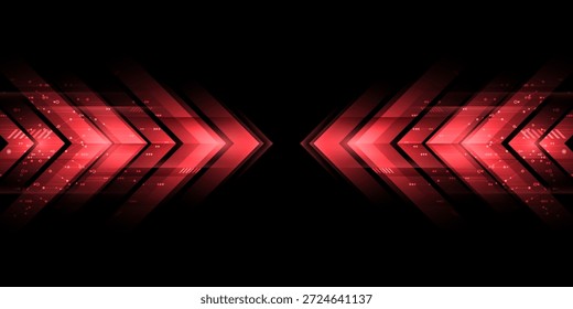 Flecha roja de Tecnología que brilla intensamente sobre fondo rojo oscuro. Concepto de comunicación de alta velocidad. Ilustración vectorial