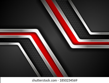 Technology red and black abstract background with metallic stripes and perforated texture. Vector geometric design